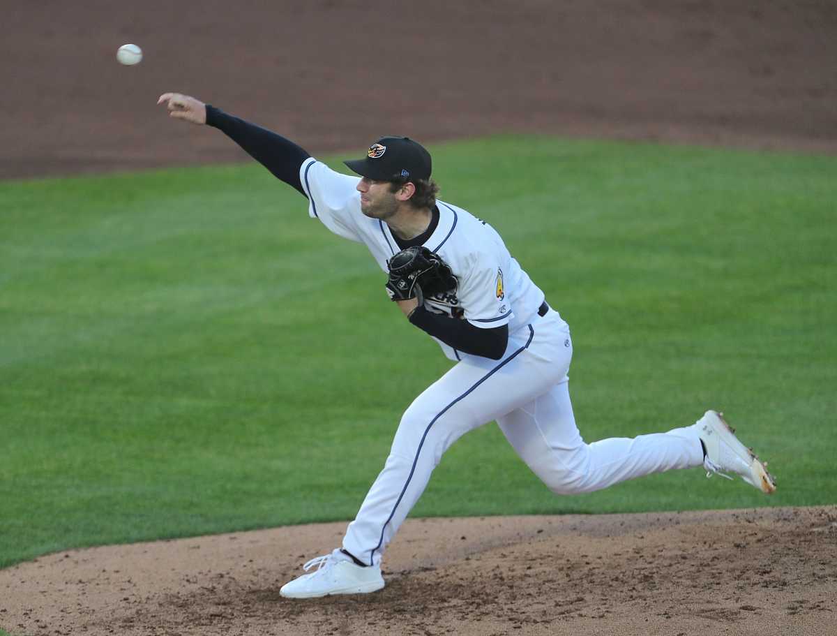 Akron RubberDucks pitcher Gavin Williams throws a third-inning pitch against Erie, Thursday, April 6, 2023. RubberDucks Opener 3